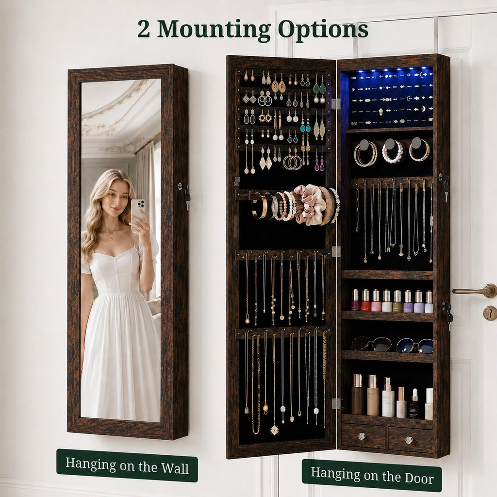 Jewelry Armoire, 47.2" Tall Lockable Jewelry Organizers and Storage Cabinet with Full-Length Mirror, 6 LEDs