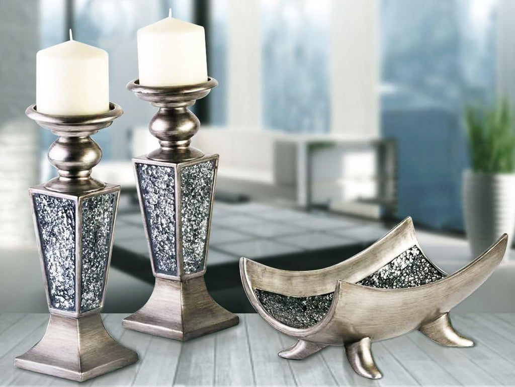 Schonwerk Silver Pillar Candle Holder Set of 2 - Crackled Mosaic Design - Centerpiece Table Decoration - Coffee Table