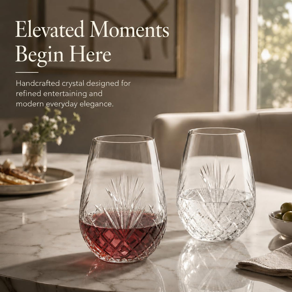 Hand Cut Stemless Wine Glass Set of 4, Large 18 oz Crystal Wine Glass, Wine Tumblers for Red and White Wine, Water