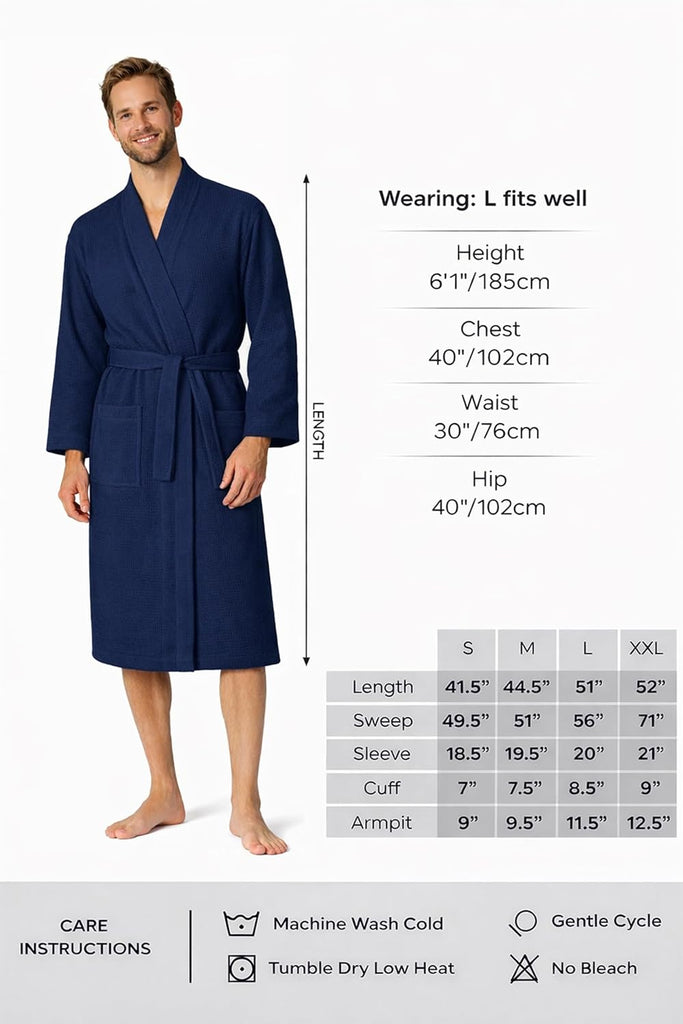 Men's Waffle Bathrobe Lightweight Kimono Spa Robe - Quick Dry Bath & Shower Robe for Men with Pockets