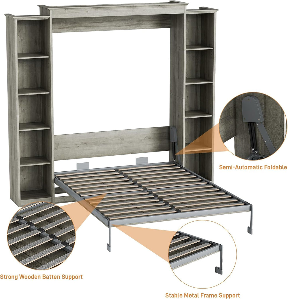 Queen Murphy Bed with 2 Storage Cabinet, Farmhouse Wood Hidden Foldable Wall Bed Frame, Space Saving Beds with