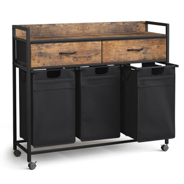 Laundry Sorter 3 Section with 3 Bags 4 Wheels 2 Drawers
