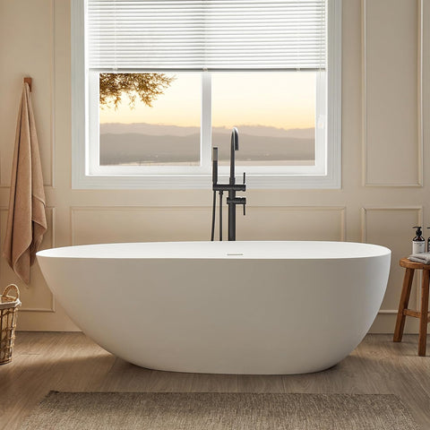 71" Solid Surface Bathtub, Stone Resin Freestanding Soak Tub for Bathroom, Non-Porous & Warm to Touch Surface, Matte