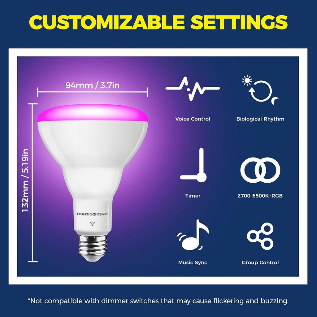 Smart Light Bulbs 1100LM, BR30 E26 Smart Bulb Compatible with Alexa/Google Assistant/SmartLife, 12W 75W Equivalent
