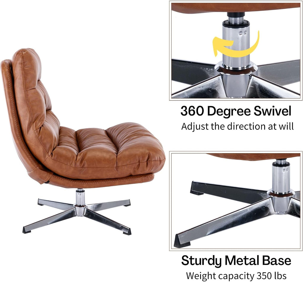 Swivel Accent Chair with Ottoman, Mid Century Modern Faux Leather Lounge Chair with footrest, Comfy Oversized
