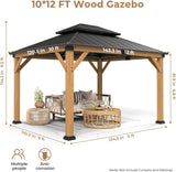 10' X 12' Wood Gazebo Hardtop Outdoor Permanent Pavilion with Double Galvanized Steel Roof Snow Support