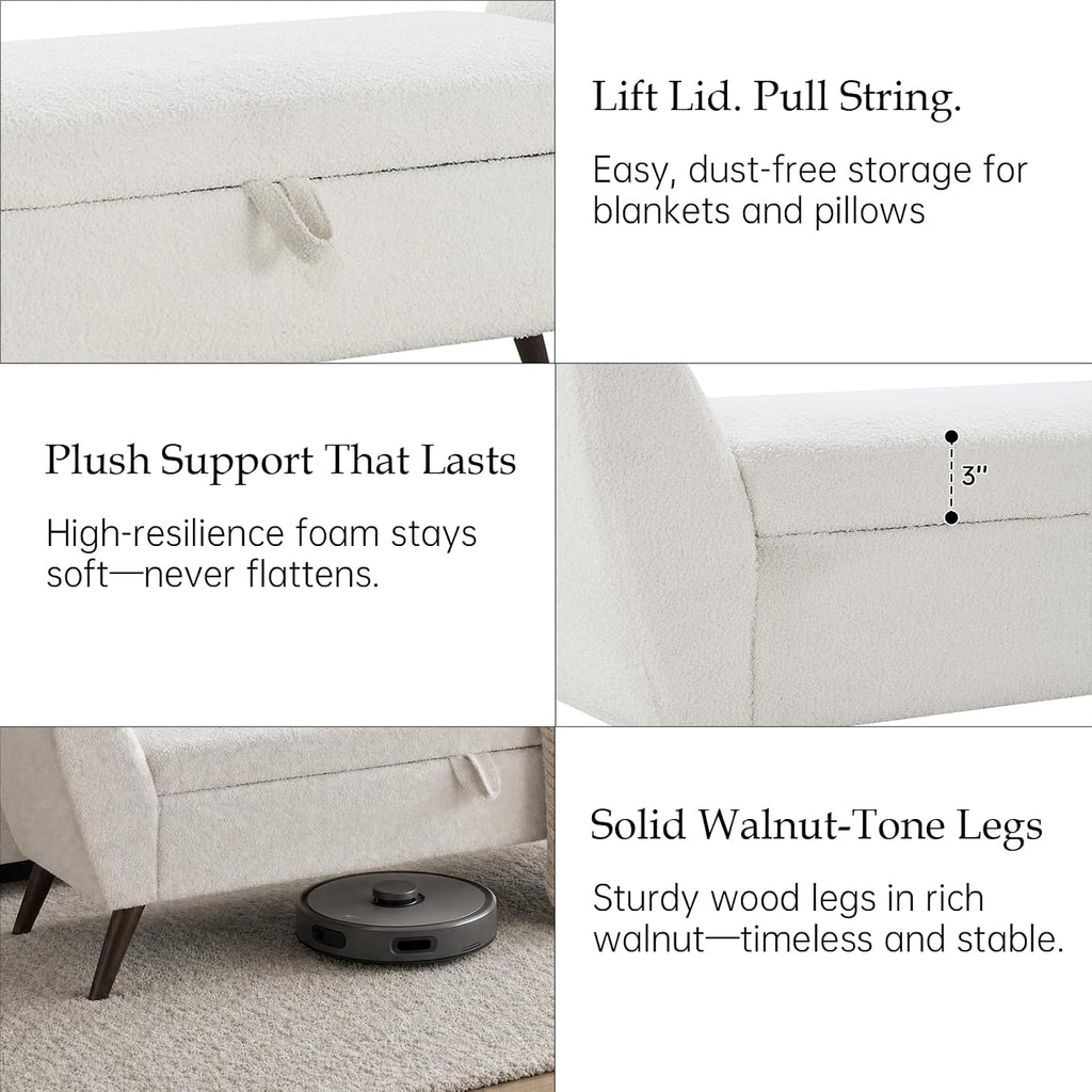 60" Storage Ottoman Bench, Teddy Fabric End of Bed Bench King Size with Solid Wood Legs, Large Hidden Storage (Beige)