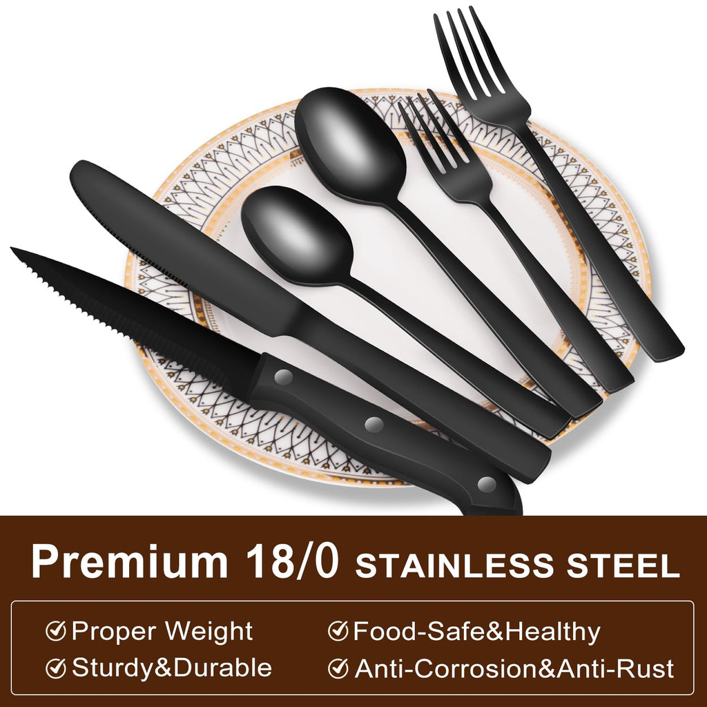 24-Piece Black Silverware Set for 4, Stainless Steel Flatware Set with Steak Knives & Utensil Sets - Mirror Finish