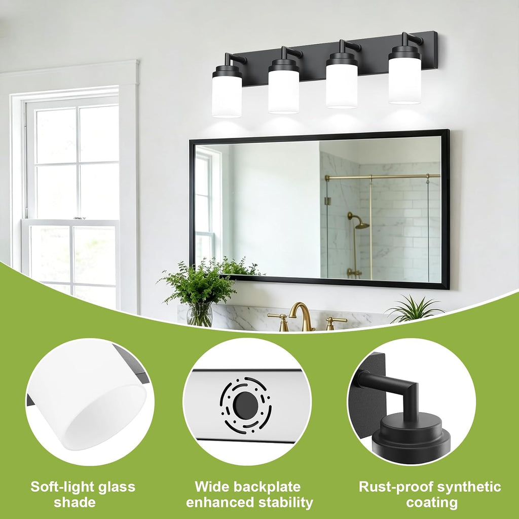 Bathroom Light Fixtures, Matte Black Bathroom Lighting Fixtures Over Mirror, Modern Vanity Light with White Glass