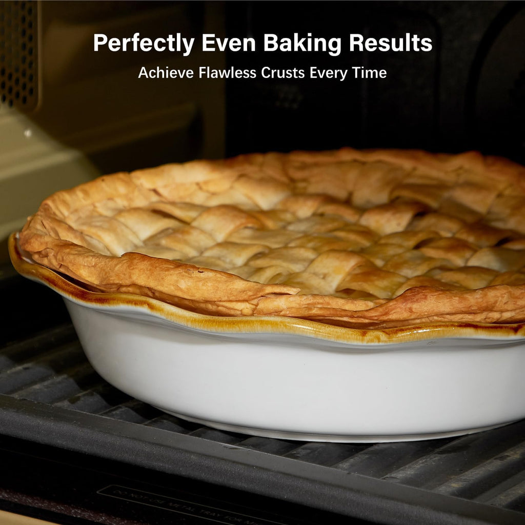 9 Inch Ceramic Pie Pan, Fluted Baking Dish with Brown Glaze Rim, Oven Safe