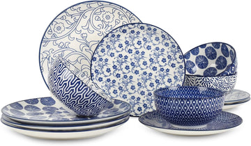 Ceramic Dinnerware Sets, 12-Pieces Plates and Bowls Sets, Scratch Resistant Dishes set for 4