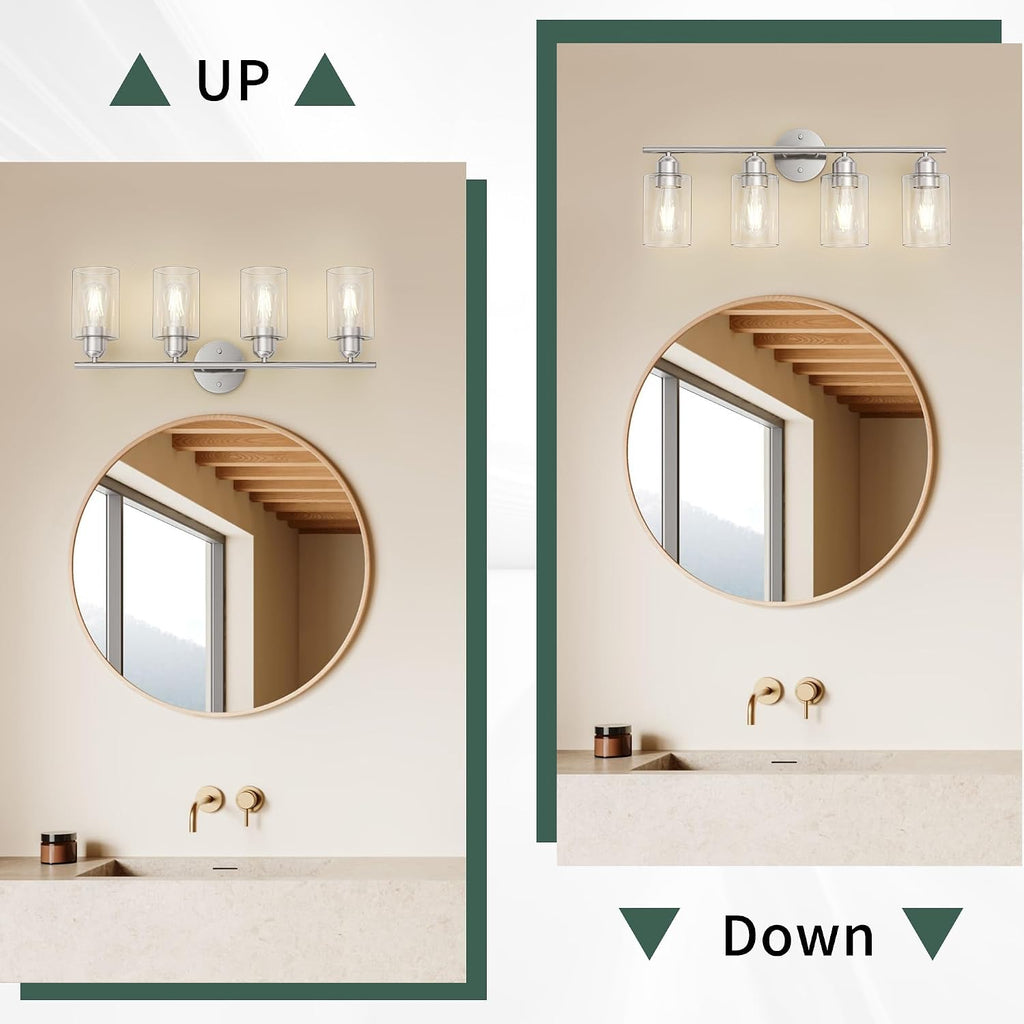 Bathroom Vanity Light Fixtures Brushed Nickel,4 Lights Rustic Farmhouse Vanity Bar Lighting Over Mirror Modern