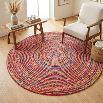 WeWove Hand Woven Area Rug 6 Feet Round - Jute Cotton Area Rug Rustic Farmhouse Boho Accent Rug Bedroom Kitchen Dorm
