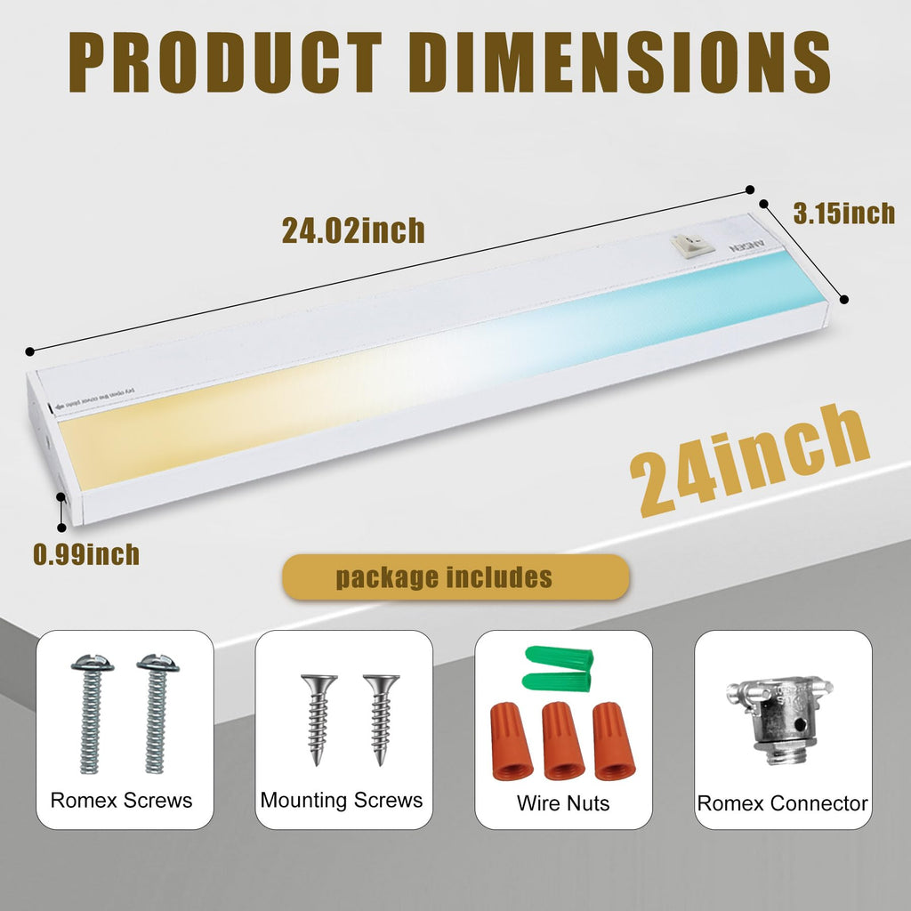 Hardwired Under Cabinet Lighting, 24in 18W LED Light /Closet, 1237lm, CRI>92, R9>90, 5 Color Temperature, Dimmable
