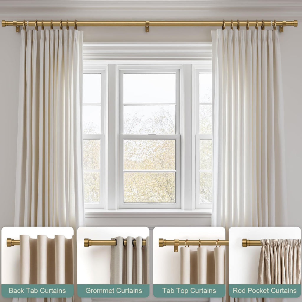 Warm Gold Curtain Rods for Windows Adjustable Length Heavy Duty 1" Diameter Brass Bronze Long Window