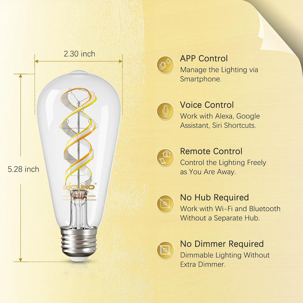 Smart Edison Bulb ST19, Color Changing WiFi Smart Light Bulb, 2700K-6500K Tunable via App, ST58 Edison Bulb