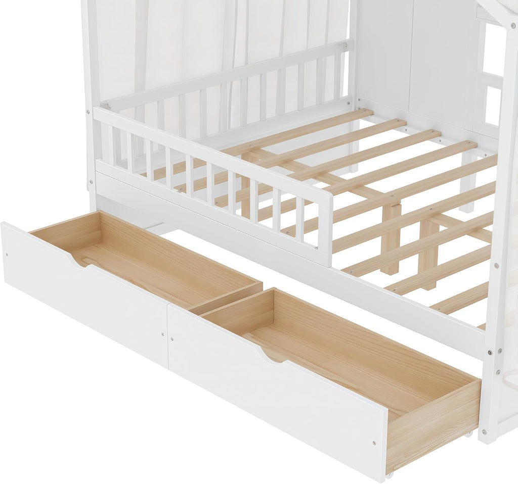 Full House BedFrame with Canopy and Storage Drawers, Montessori Bed, House Bed with Rails for Kids, White