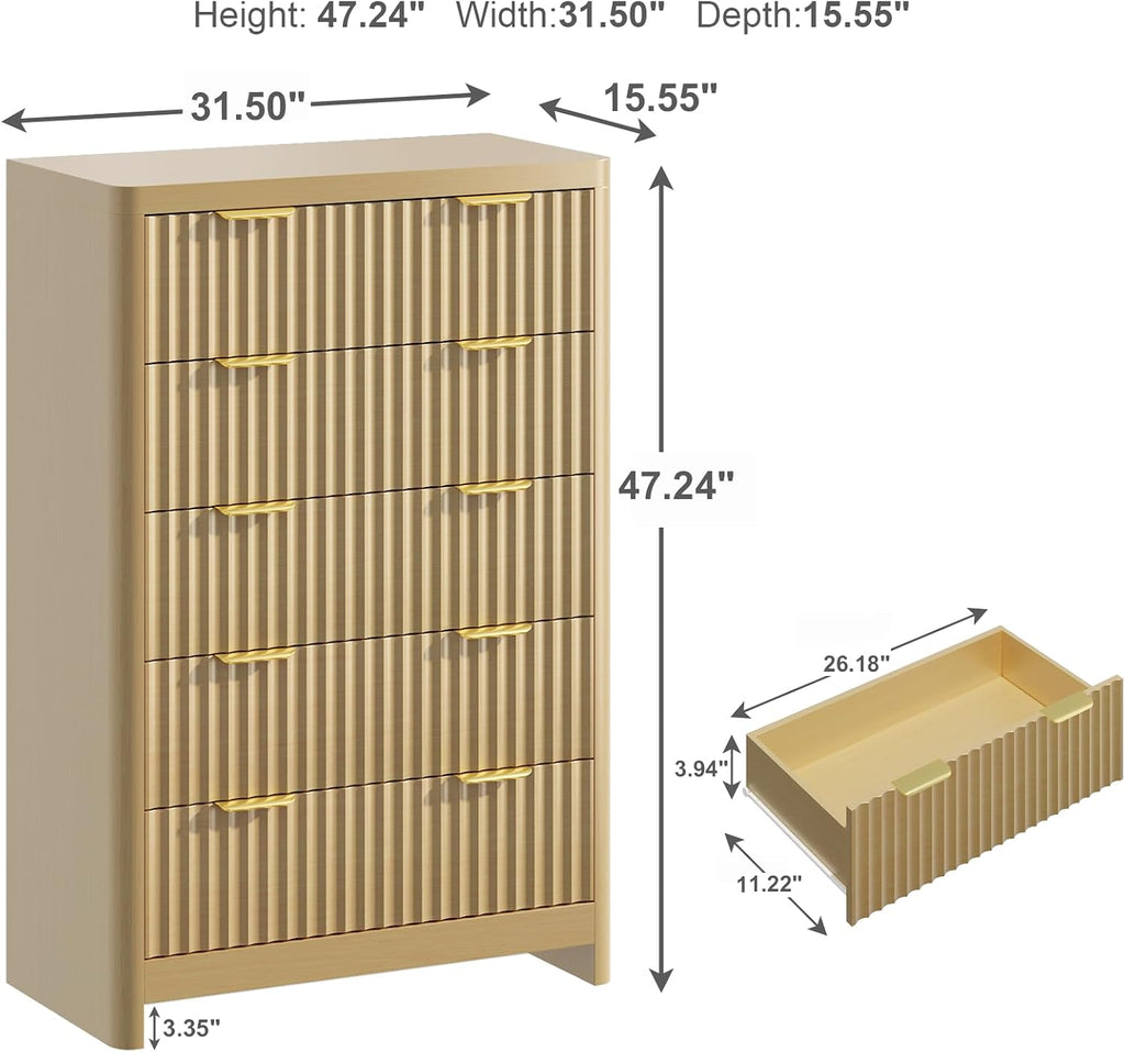 Fluted 47" Tall Dresser with 5 Drawers, Modern Chest of Drawers with Metal Handle & Deep Storage, Wood Closet Clothes