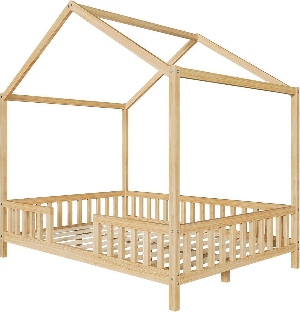 Full Size Montessori Toddler Floor Bed with Canopy and Roof,Wooden House Beds Frame for Kids,Montessori Floor Bed
