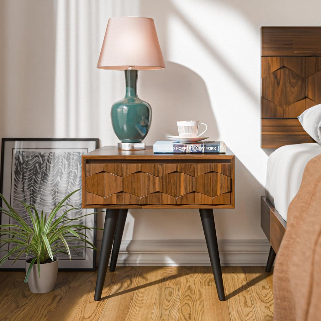 Georgina Solid Wood Nightstands with Drawers - Fully Assembled Rustic Geometric Pattern Bedside Cabinet - Mid Century