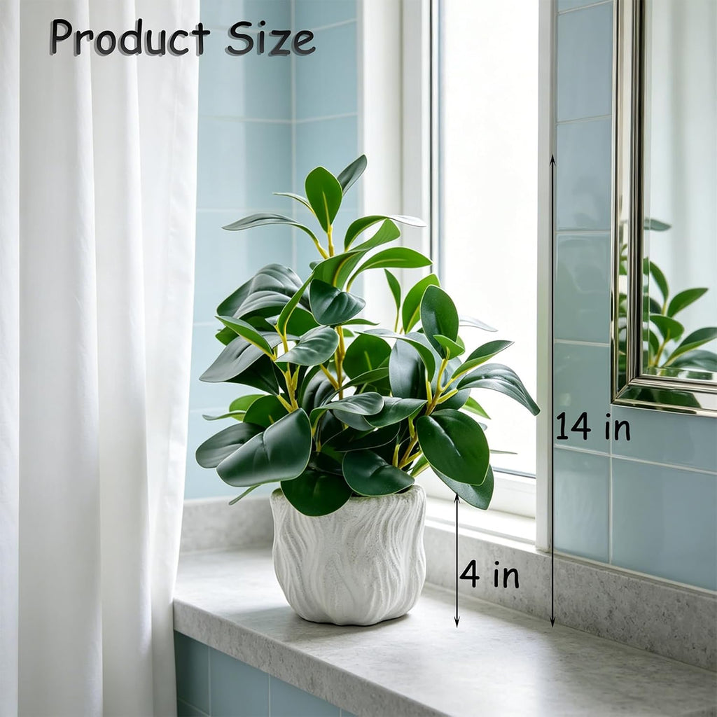 14" Artificial Potted Plant with Thick Leaves in White Textured Pot | Realistic Thick Leaves , Compact Desk & Shelf