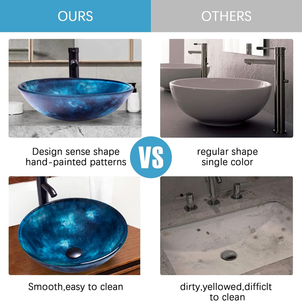 Vessel Sink 16.5" Bathroom Sinks Tempered Glass Blue Art Basin Round Bowl with Faucet Combo Blue,Modern Countertop