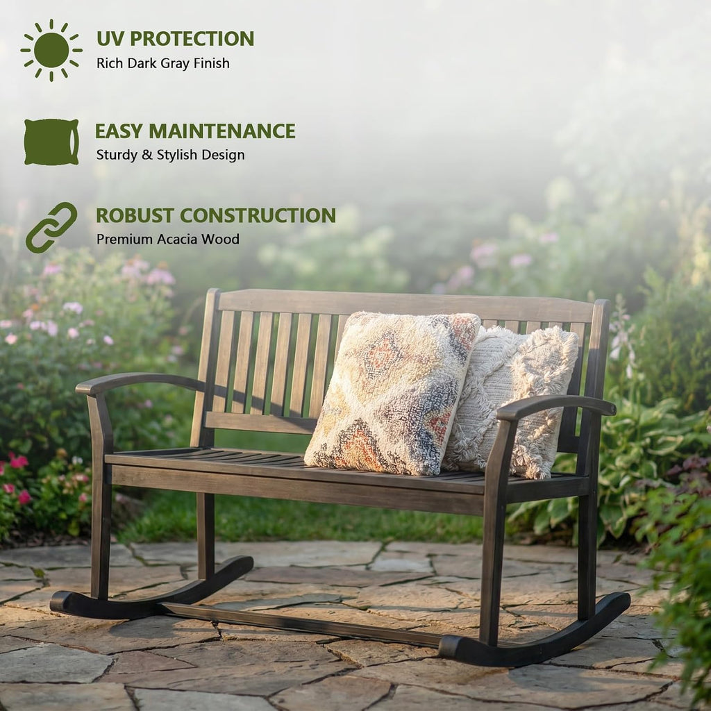 49" Outdoor Rocking Loveseat Bench, 2-Person Double Rocking Chair with Slatted Back/Curved Armrests, Porch Glider for