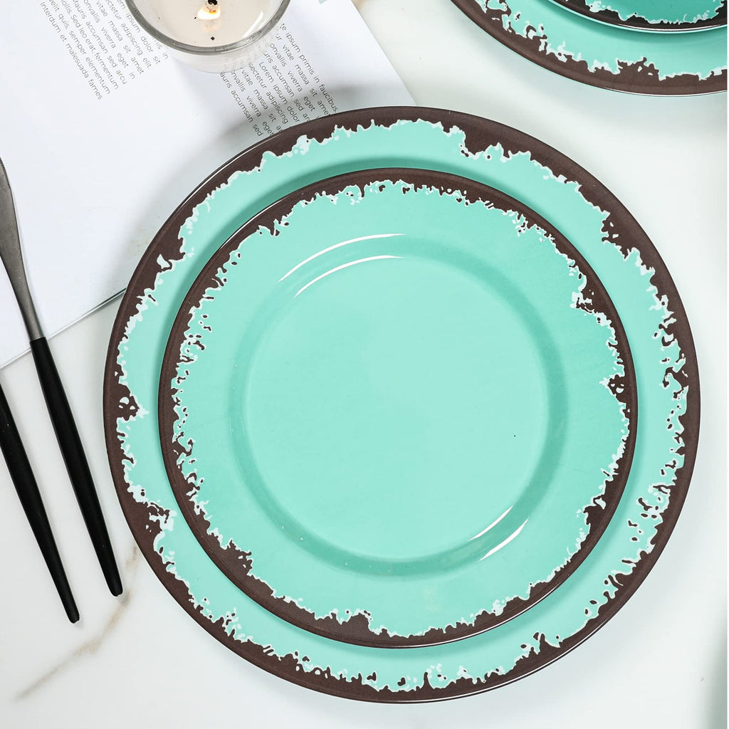 Rustic Melamine Dinnerware Set,12pcs Plates and Bowls Sets-Green