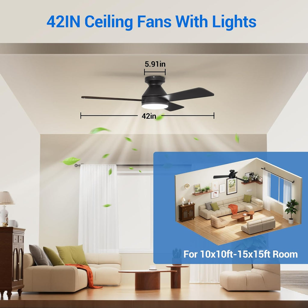42 Inch Low Profile Ceiling Fan with Light and Remote Control, Reversible, LED Dimmable for Bedroom Living Room Indoor/Outdoor Patio Use