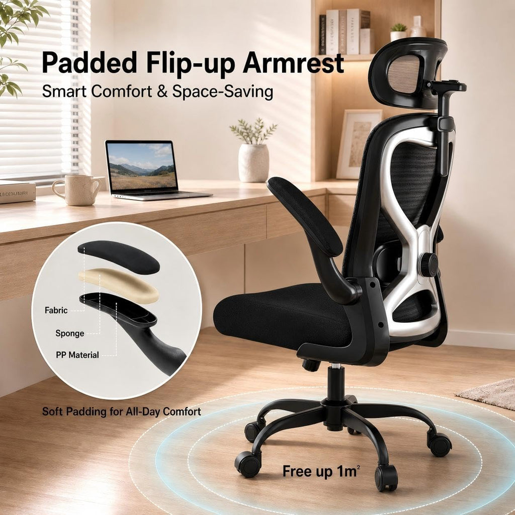 Home Office Desk Chairs, Ergonomic with Lumbar Support & 3D Headrest, Computer Desk Chair with Flip-up Armrests