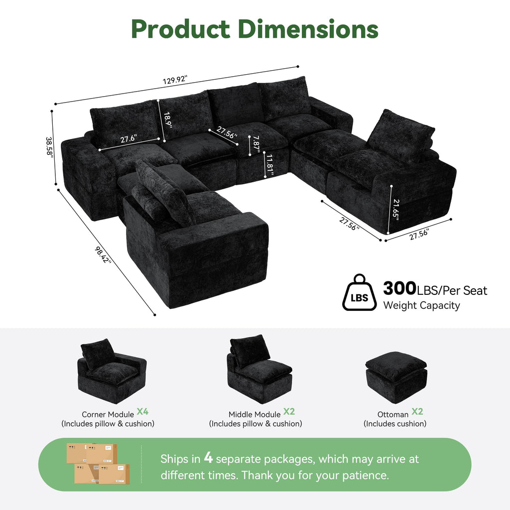 130" U Shaped Modular Sectional Sofa, 8 Seat Cloud Couch, Black
