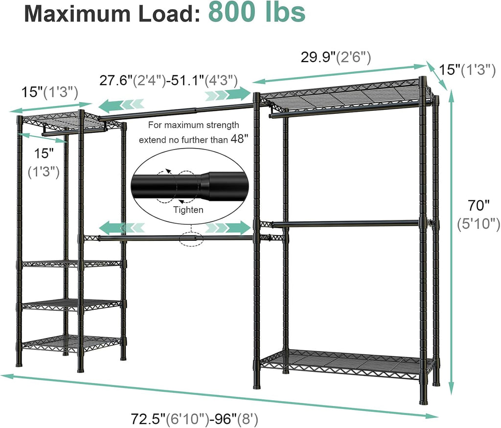 E01 Expandable Heavy Duty Clothes Rack, Free Standing Closet System | 72.5-96" Adjustable Portable Garment & Clothing