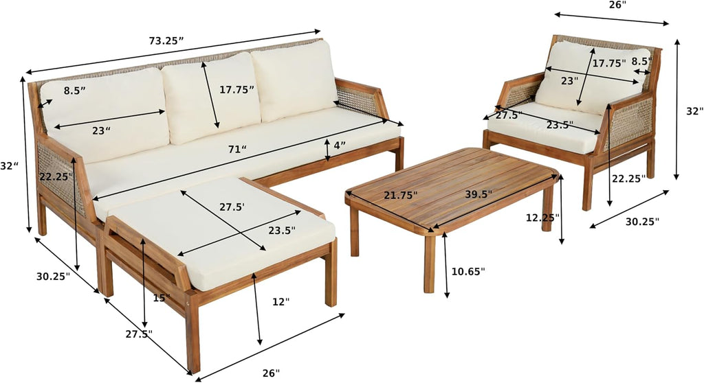 4-Piece Acacia Wood Patio Furniture Set, Outdoor Wicker Furniture Sectional Sofa Set with Coffee Table, 5 Seats Sofa