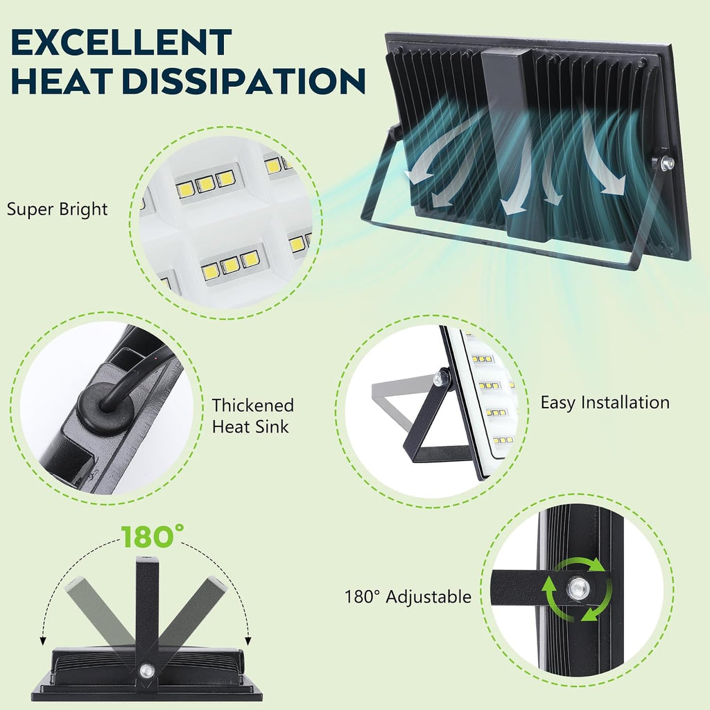 200W Led Flood Light Outdoor, 2 Pack 20000LM Bright Floodlight Outside Work Light with Plug, 6500-7000K Daylight