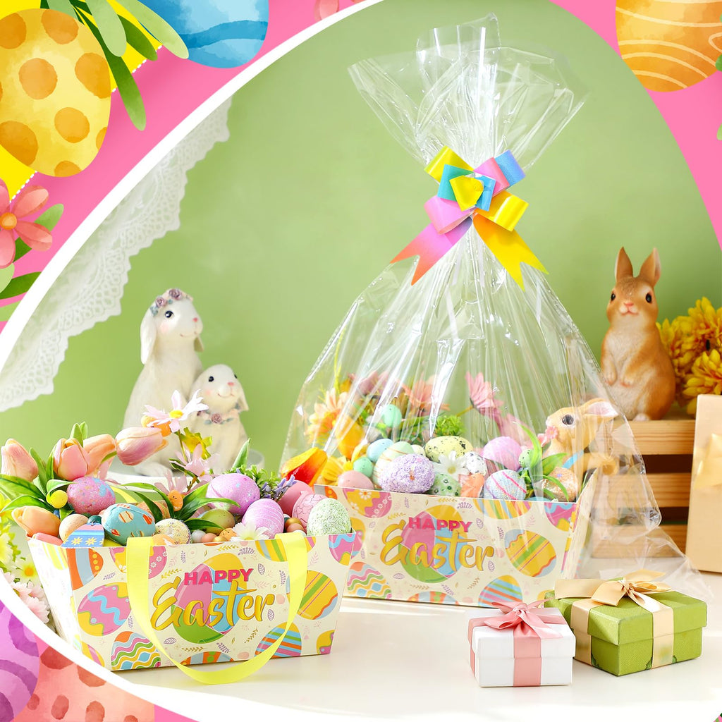 6 Pack Easter Eggs Basket for Gifts Empty with Cellophane Bag Pull Bows Happy Easter Eggs Basket Gift Box for Spring