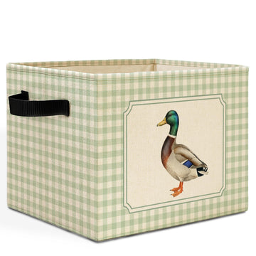 Mallard Duck Sage Green Checkered Storage Bins Box with Handles, Cottagecore Mallard Duck Plaid Laundry Basket Hamper