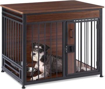 Furniture Style Dog Crate, Sturdy Wooden Pet Kennel, End Table with Space for Pet, Two Bowls Included