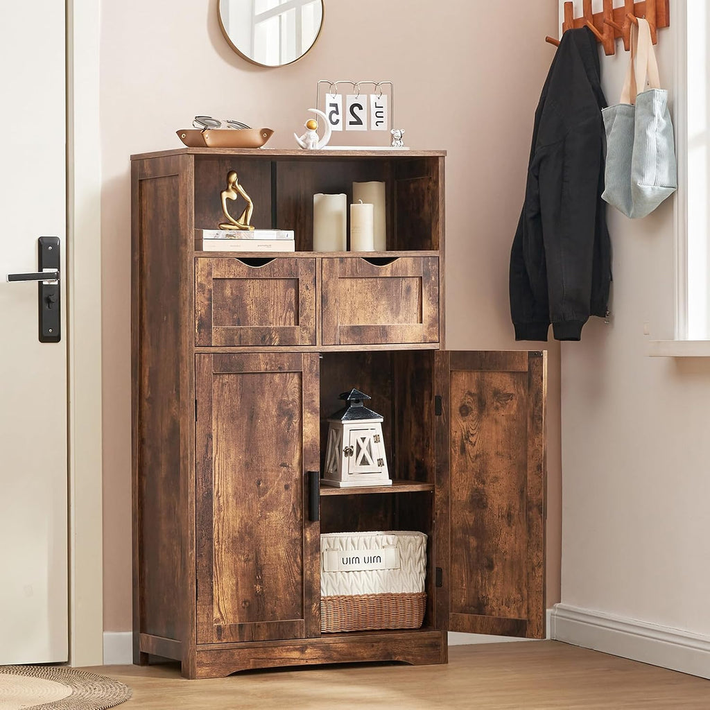 Storage Cabinet with 2 Drawers & Adjustable Shelves, Cupboard, Floor Cabinet , Rustic Brown