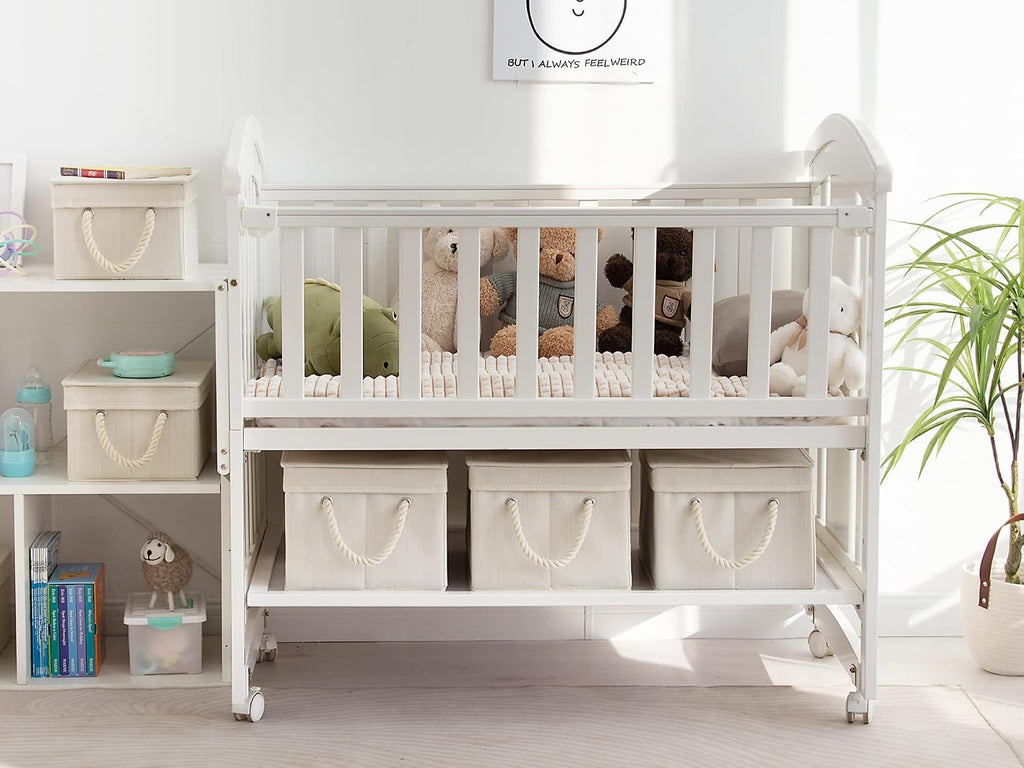 Storage Bins with Lids, Decorative Storage Boxes with Soft Rope Handles, Foldable Stackable Storage Baskets for
