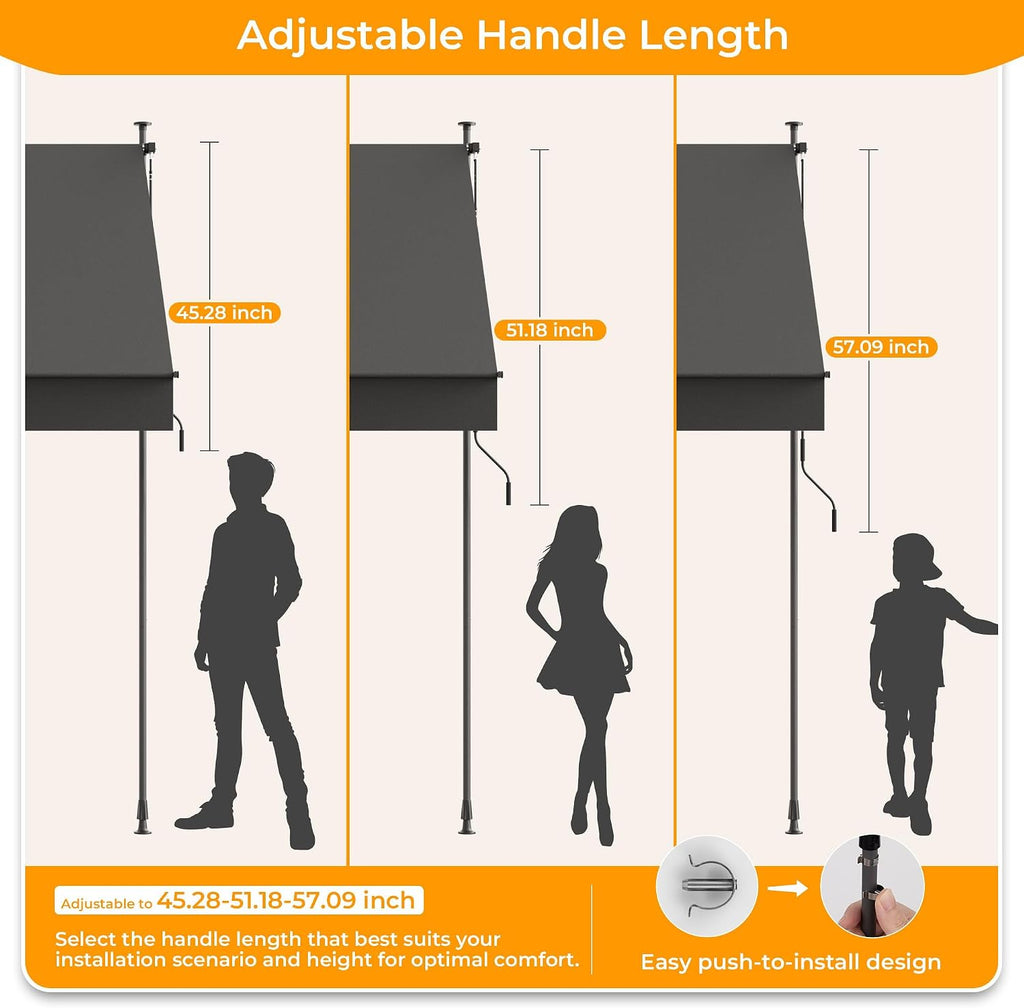 Manual Retractable Awning, 138" W x 118" H Retractable Side Bar 47-59", Outdoor Patio Awnings Height Adjustable