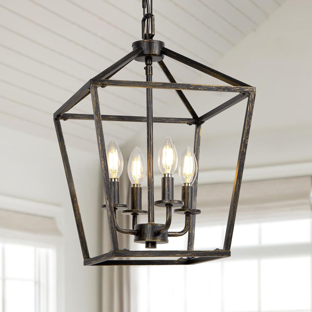 4 Light Chandelier Lighting, Industrial Ceiling Light Black Lantern with Brushed Gold, Geometric Metal Hanging Light Fixture with Adjustable Chain, E12 Base for Entryway Kitchen Island, Indoor Use A128-B0BX62V647