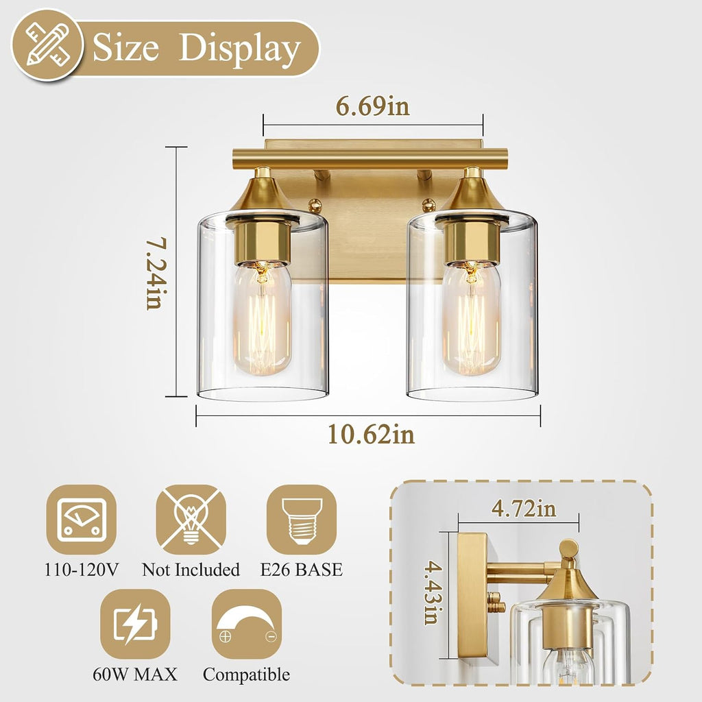 Gold Vanity Lights ,2-Light Bathroom Light Fixtures,Brushed Brass Gold Wall Sconce Lighting,Modern Wall Lamp for