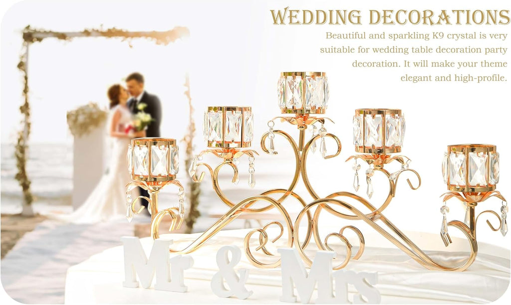 Large Elegant 5 Arms Crystal Bowl Tealight Candle Holder/Candelabra Crystal Votive, 5-arms Candlestick Holder for
