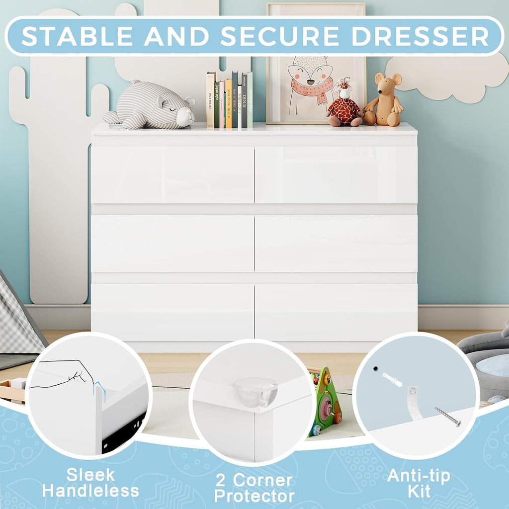 White Dresser Wood 6 Drawer Modern High Gloss | 47" Wide, Handle-Free, long, TV Stand, Storing CLothes, Dressers &
