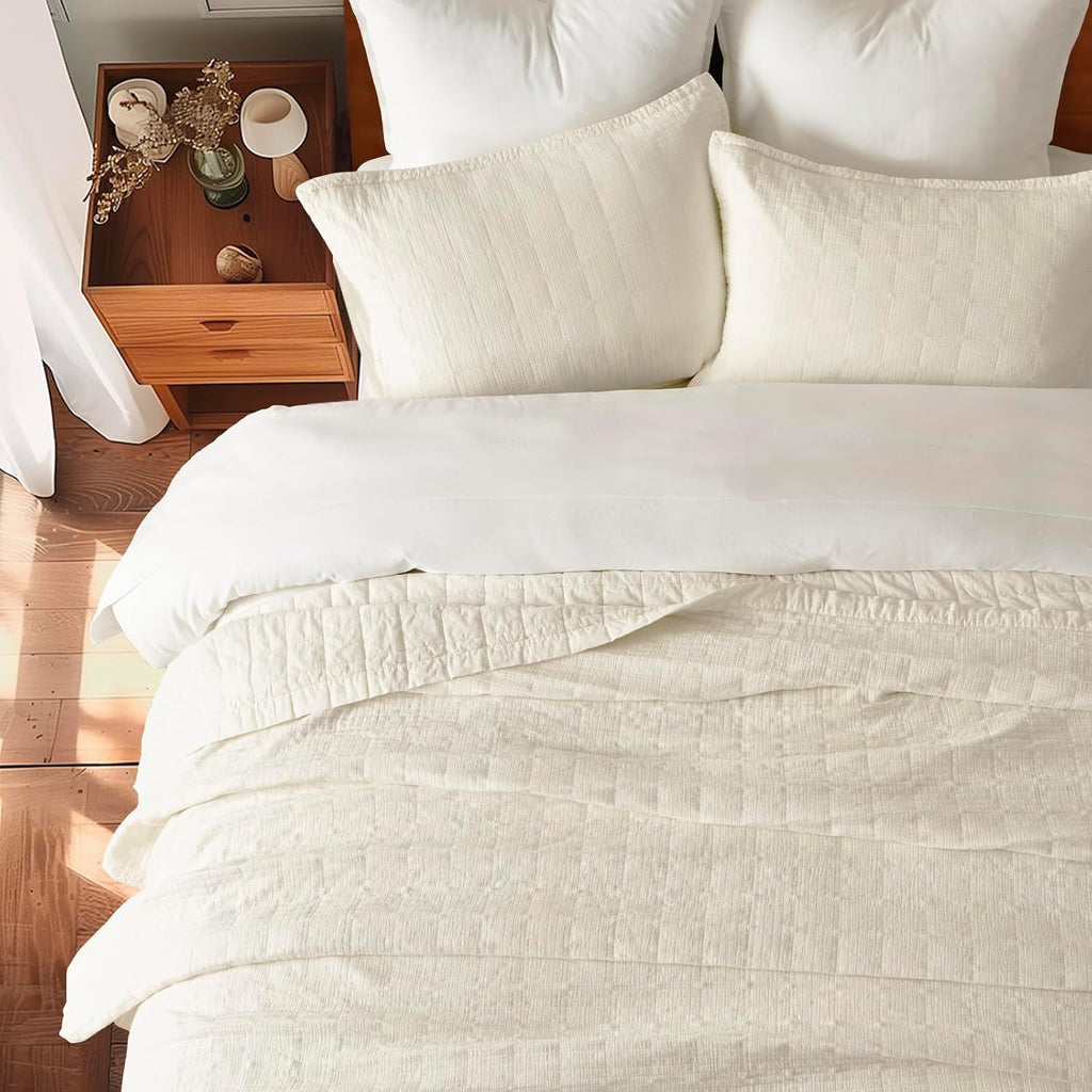 Cotton Quilt Set King, Ultra Soft Oversized Bedspread Coverlet Set, Lightweight Crinkle Box Stitch