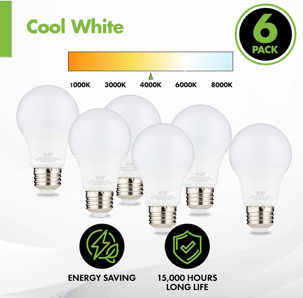 6 Pack A19 LED Light Bulb, 60W Equivalent, 5000K Bright White, 800 Lumens, Efficient 9 Watt Replacement Bulbs with E26 Standard Base, 15000 Long Life Hours, Non-Dimmable, 80+ CRI, UL Listed