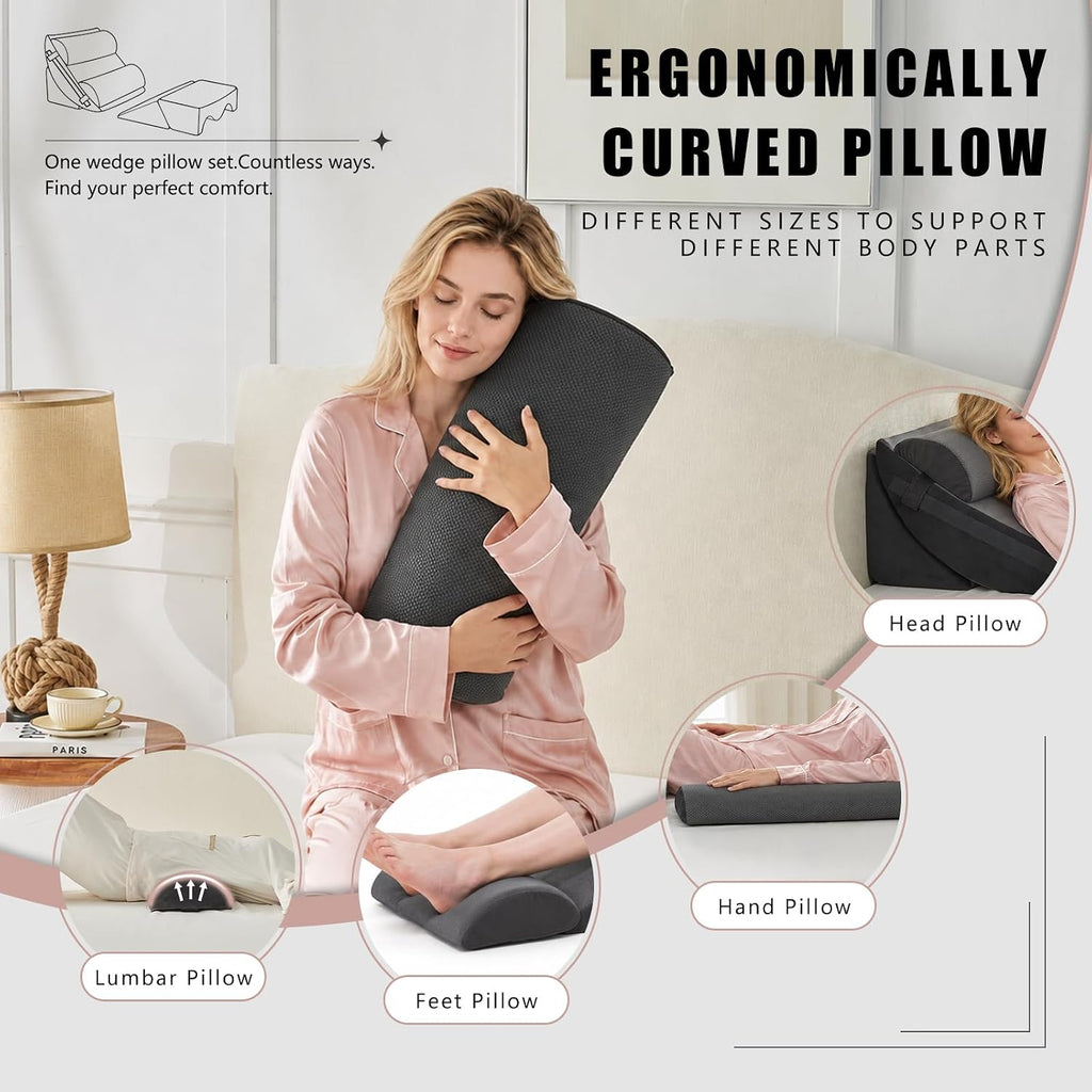 6-Piece Upper Body Rest Wedge Pillow Set for Post-Surgery, Grey | Orthopedic Memory Foam Support, Elevated for