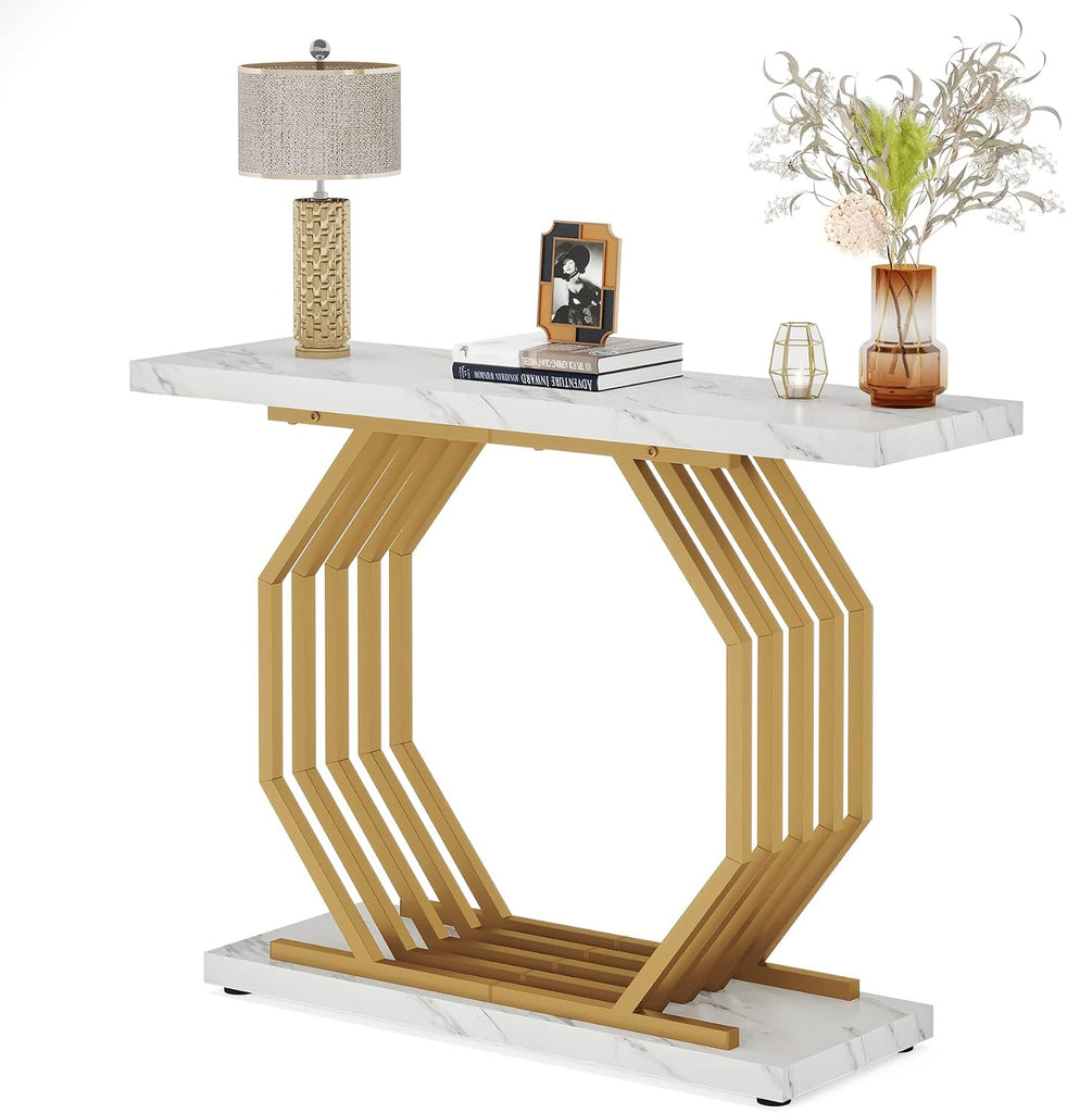 Gold Console Table, Faux Marble Entryway Table Narrow Sofa with Geometric Metal Base, 40 Inch Modern Accent Entrance