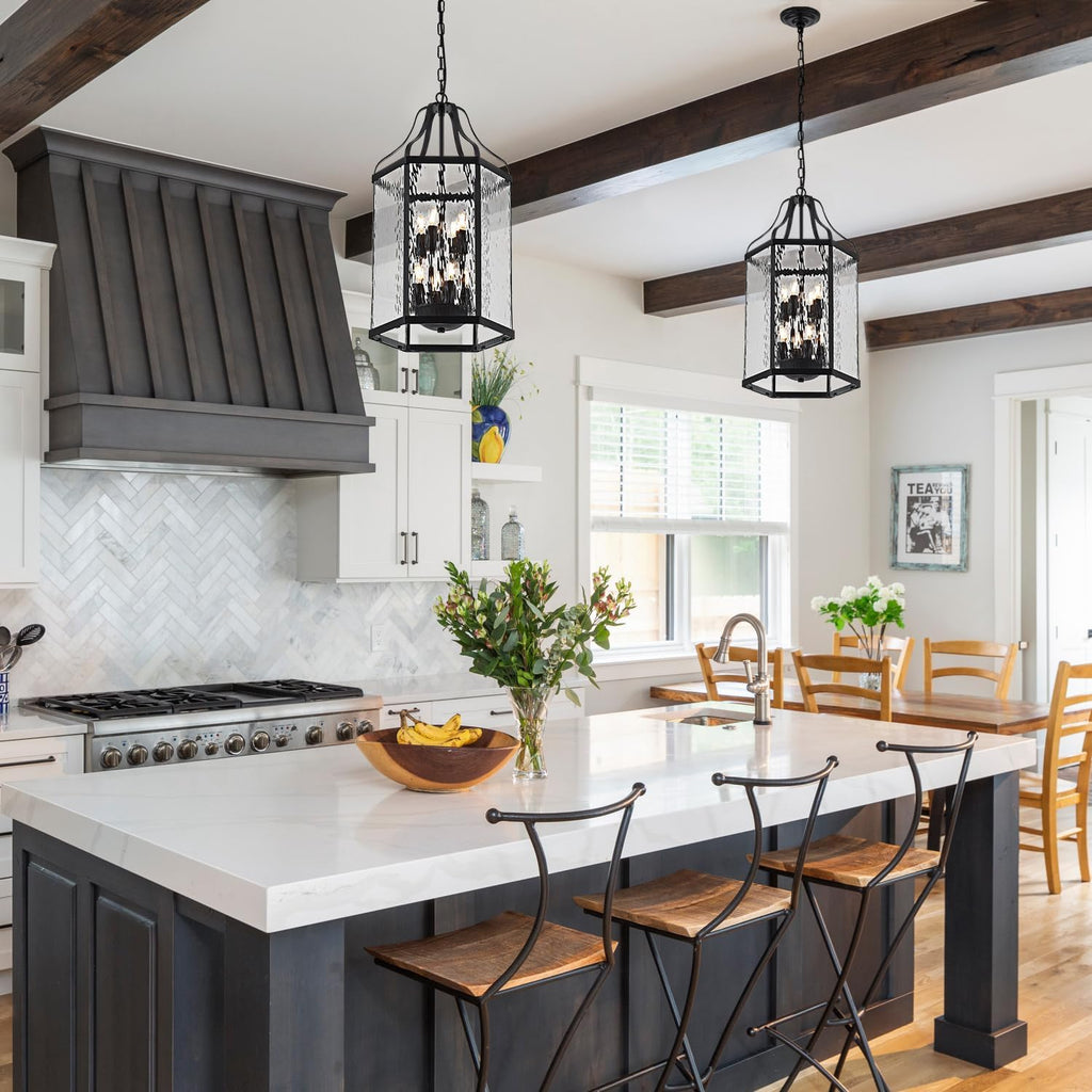 14" Modern 8-Light Exterior Black Lantern Pendant Light Fixture with Clear Rippled Glass Mini Industrial Hanging Cage