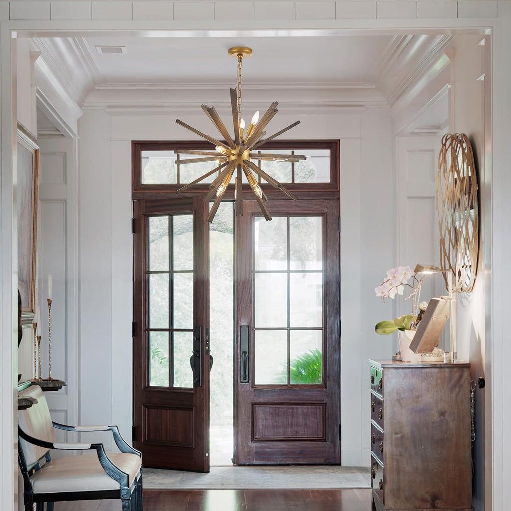 9-Light Wood Sputnik Chandelier for Entryway, Gold Dining Room Light Fixture, Farmhouse Pendant Light Fixture for Bedroom Kitchen Foyer Living Room